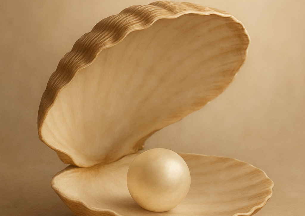 Otwarta muszla w naturalnych odcieniach beżu i brązu z perłą w środku, przedstawiona w realistycznym stylu, na jasnym tle.