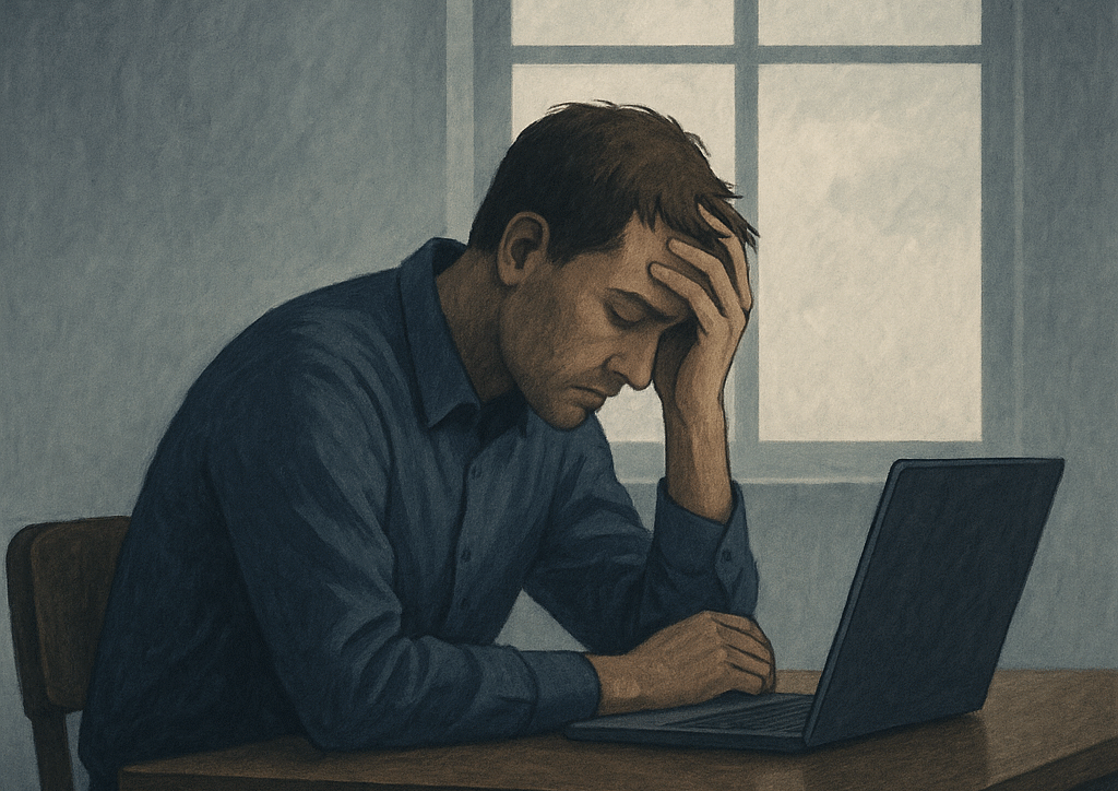 Zmęczona osoba siedząca przy biurku z głową opartą na rękach, w tle szare światło za oknem. Ilustracja w stonowanych barwach symbolizująca wypalenie zawodowe i wyczerpanie emocjonalne.